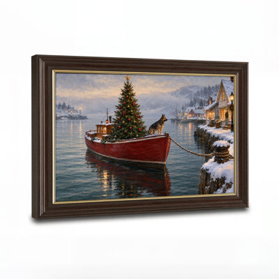 " Red Boat Tree German Shepherd In Snowy Harbor Christmas " Painting