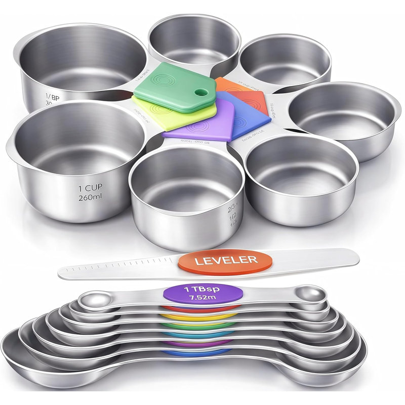 Ensemble de 15 tasses et cuillères à mesurer magnétiques en acier inoxydable 304, 3.54" H x 4.24" W x 6.88" D, Silver