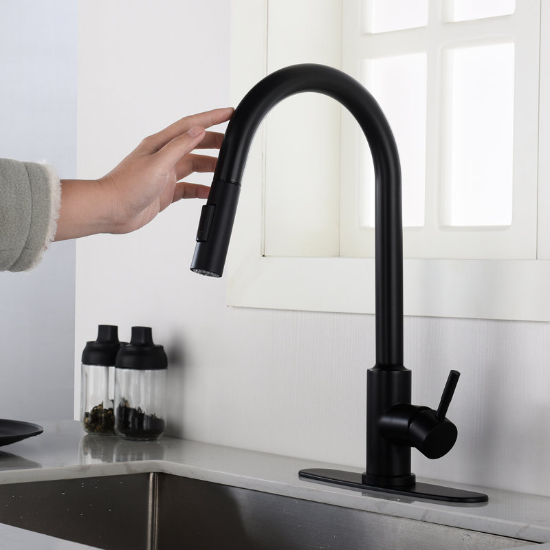 Touch Kitchen Faucet With Pull Down - Matte Black Stainless. 360-Degree Swiveling Nozzle For Sink Cleaning. Corrosion And Rust Finish. Single Handle Quick Water Temperature Flow Control. 7.79 In.