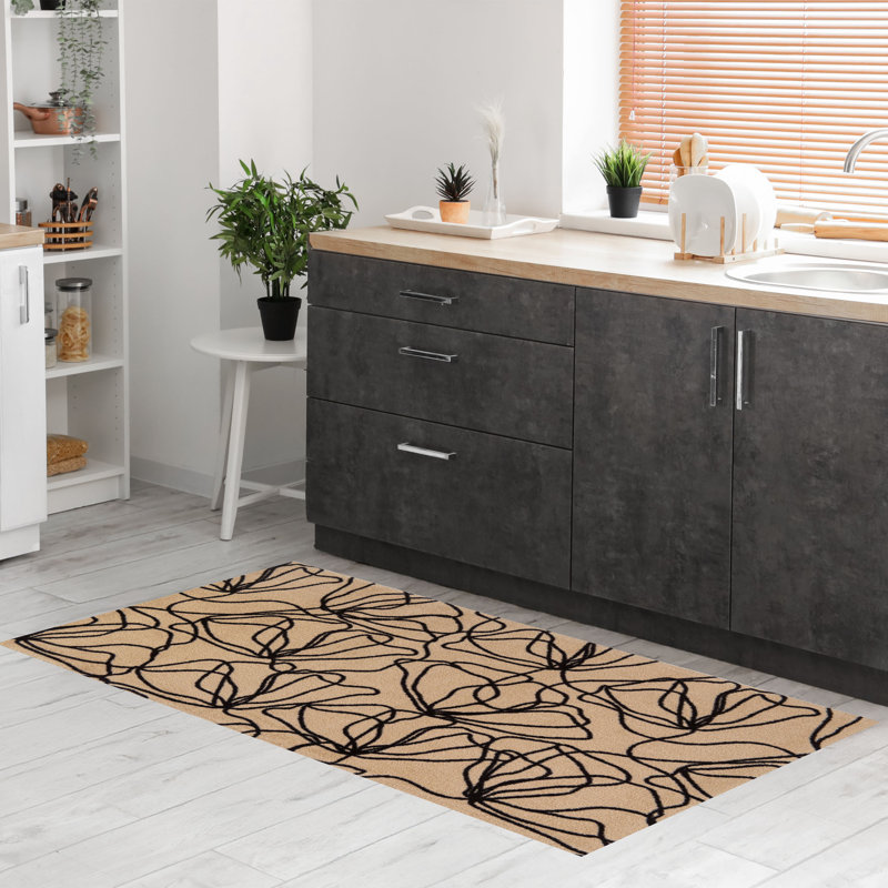 Poppies Black Medium Washable Floor Mat, 28" W x 47" L, Tan;Black