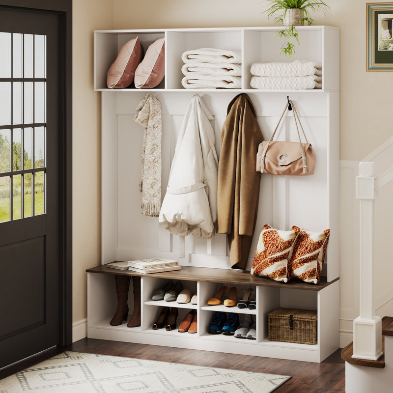 Hall Tree With Bench And Shoe Storage, White