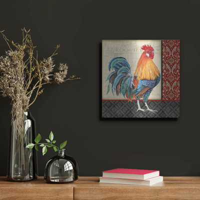  «Damask Rooster D» par Jean Plout, art mural en métal, 12 po x 12 po