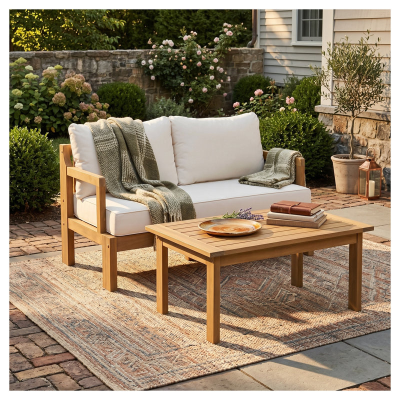 Ensemble de conversation d'extérieur 2 pièces en bois d'acacia avec coussins imperméables, beige et finition naturelle