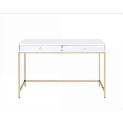 Desks, Contemporary White High Gloss Writing Desk with 2 Drawers &amp; Gold Metal Base | White | Synthetic Wood