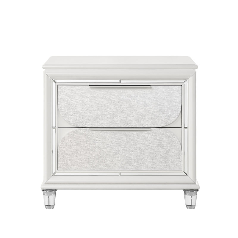 Table de chevet glamour à finition blanc perle avec tiroirs de rangement en acrylique