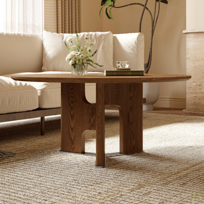 31.5 Inches Round Rustic Ash Wood Veneer Coffee Table For Small Living Room