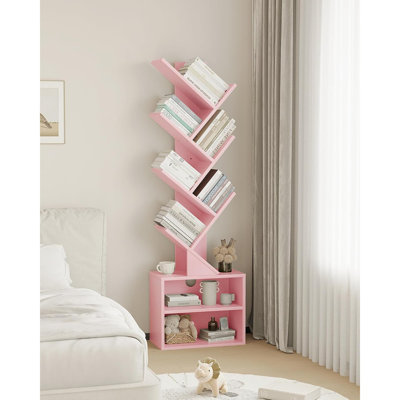 Petite bibliothèque rose sur pied - Bibliothèque étroite moderne avec armoire de rangement pour chambre à coucher, salon, bureau personnel ou espaces de coin