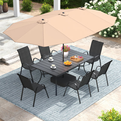 6-Person Rectangular Patio Dining Set With Umbrella & Textilene Stackable Chairs