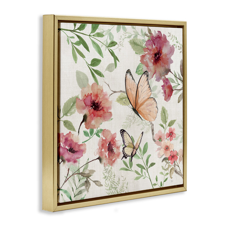 Papillons sur un cadre flottant avec fleurs sauvages, design par Nan, H 18 po x l 18 po, Cadre flottant métallique doré