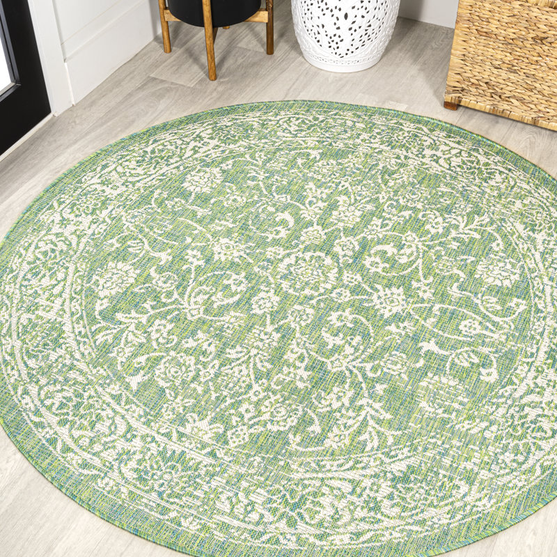 Tapis d'intérieur / extérieur crème / vert Delcine, Rond 5 pi 3 po