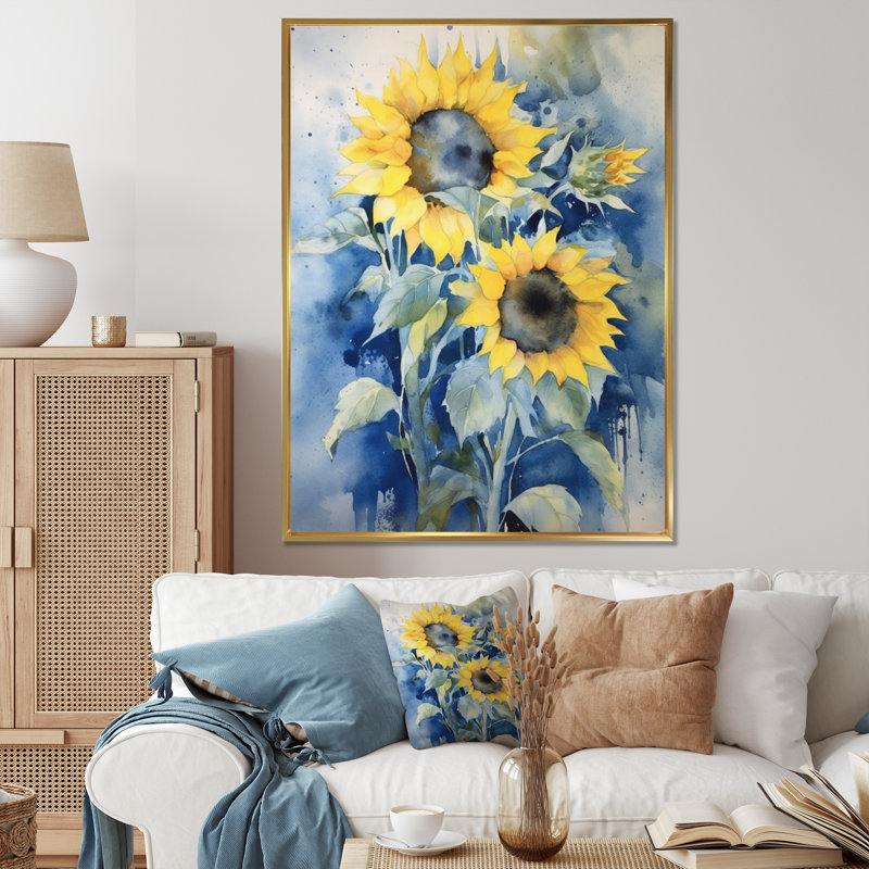 Jaune, bleu, tournesol doré, impression sur toile florale, Cadre flottant doré, H 20 po x l 12 po x P 1 po