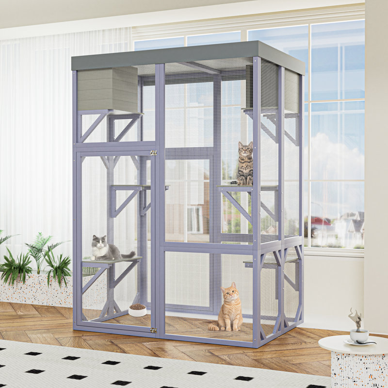 Enceinte en bois Catio avec 4 plateformes et 2 maisons, cage pour chat intérieure / extérieure multifonctionnelle