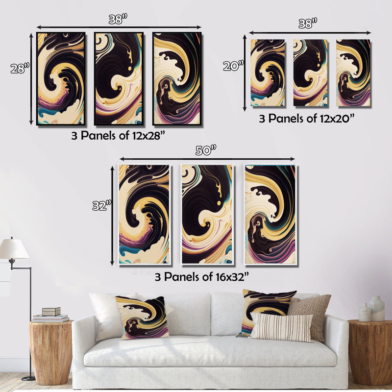«Mauve, or et tourbillon bleu», 3 pièces sur toile, Noir, H 20 po x l 36 po