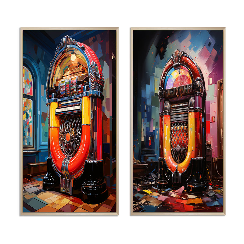 Jukeboxes mélodiques nostalgiques "Jukeboxes mélancoliques nostalgiques" 2 - pièces sur, Encadrement brun, H 40 po x l 40 po