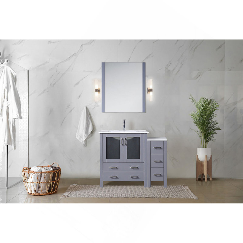 Meuble-lavabo simple gris foncé de 42 po X P 18,25 po D, avec armoire latérale et plateau en céramique blanche, Gris foncé