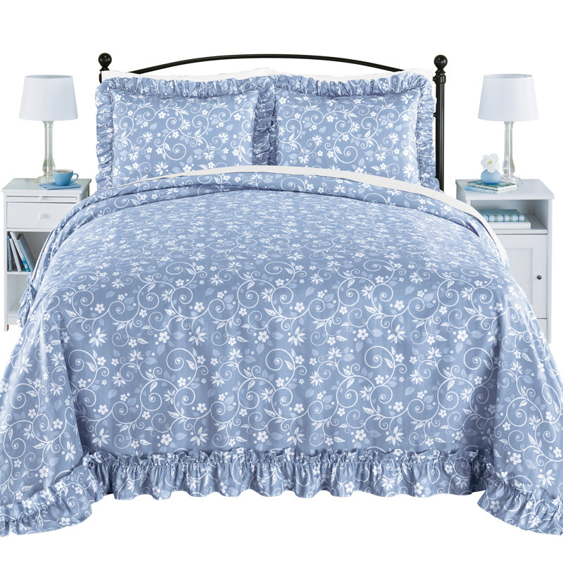 Lightweight Floral Scroll Plissé Bedspread, Blue, Queen Bedspread