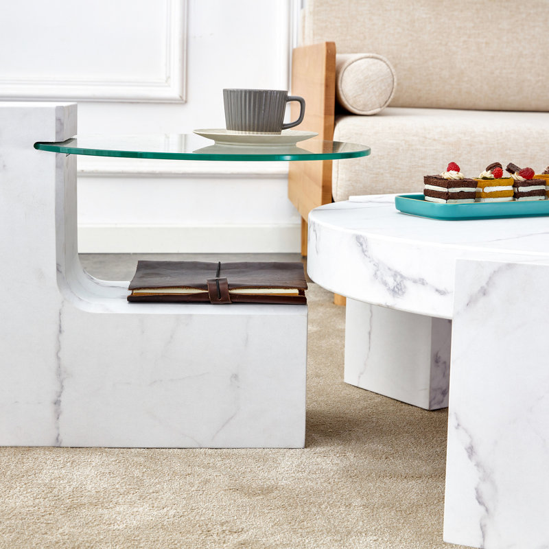 Table basse texturée en marbre Cool White, White, White/Clear, Faux Marble/Glass