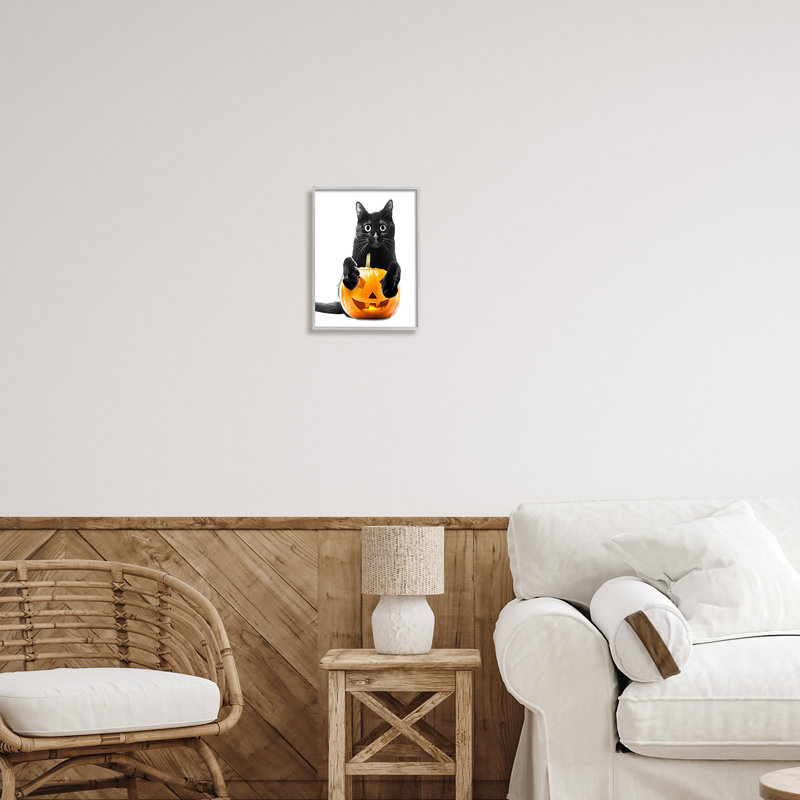 Chat noir et citrouille-lanterne par Annalisa Latella, Estampe numérique Farmhouse, H 14 po x l 11 po x P 1,5 po