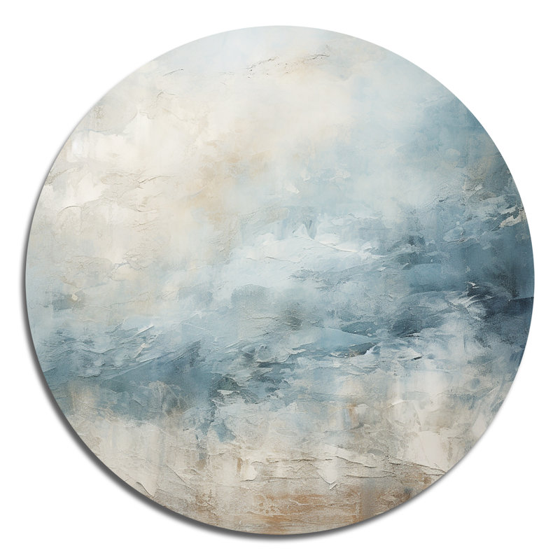 Beige bleu océan tempête I - Art abstrait rond en métal, H 29 po x l 29 po
