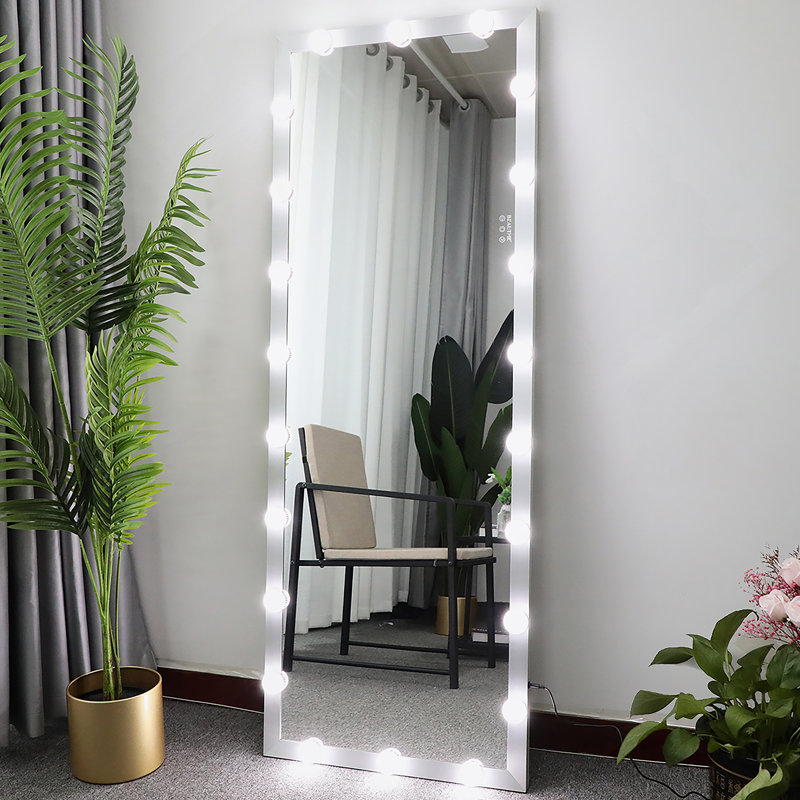 Wall Standing Bedroom Hotel Full Length Mirror With LED Bulbs Touch Control Full Body Dressing Hollywood Vanity Mirror With 3 Color Lights