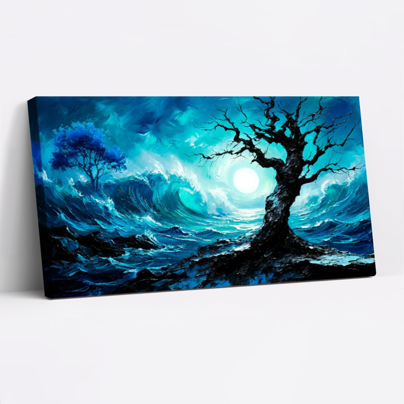 «Blue Ocean Waves and Moonlit Tree», reproduction d'art sur toile tendue sur toile, ensemble de 1, H 24 po x l 48 po