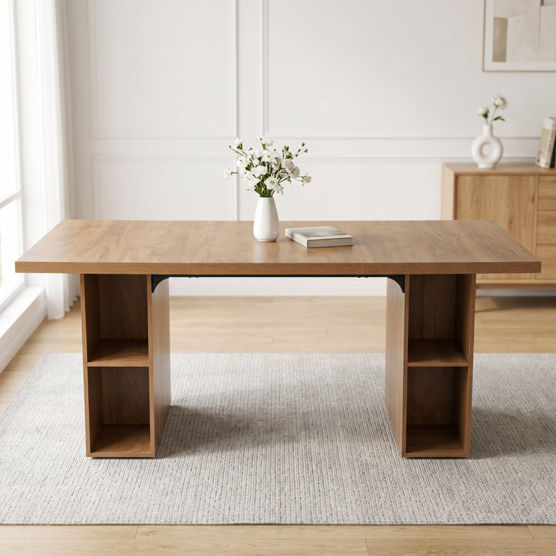 70.8" Rectangular Oak Grain MDF Dining Table, Heavy Duty Dining Table with Open Side Storage Shelves for Dining Room, Kitchen & Living Room