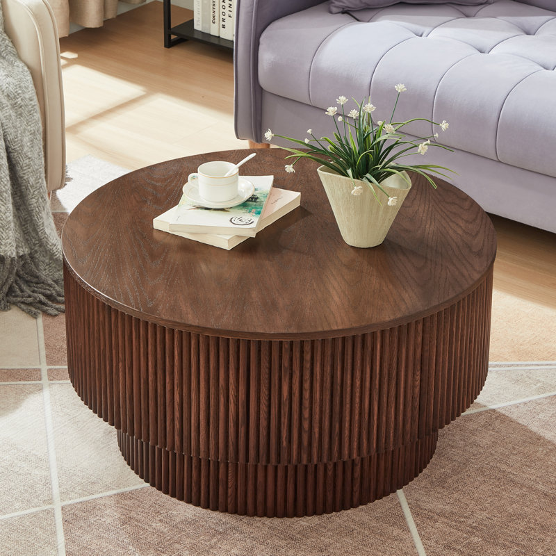 31.5" Pedestal Round Coffee Table with Storage - Modern Wood Design, Walnut