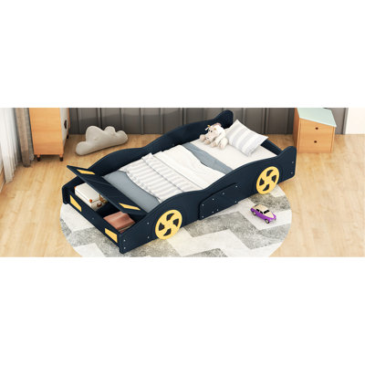Lit plateforme simple bleu foncé et jaune avec thème de voiture de course et option de rangement, construction robuste pour un sommeil paisible dans la chambre à coucher