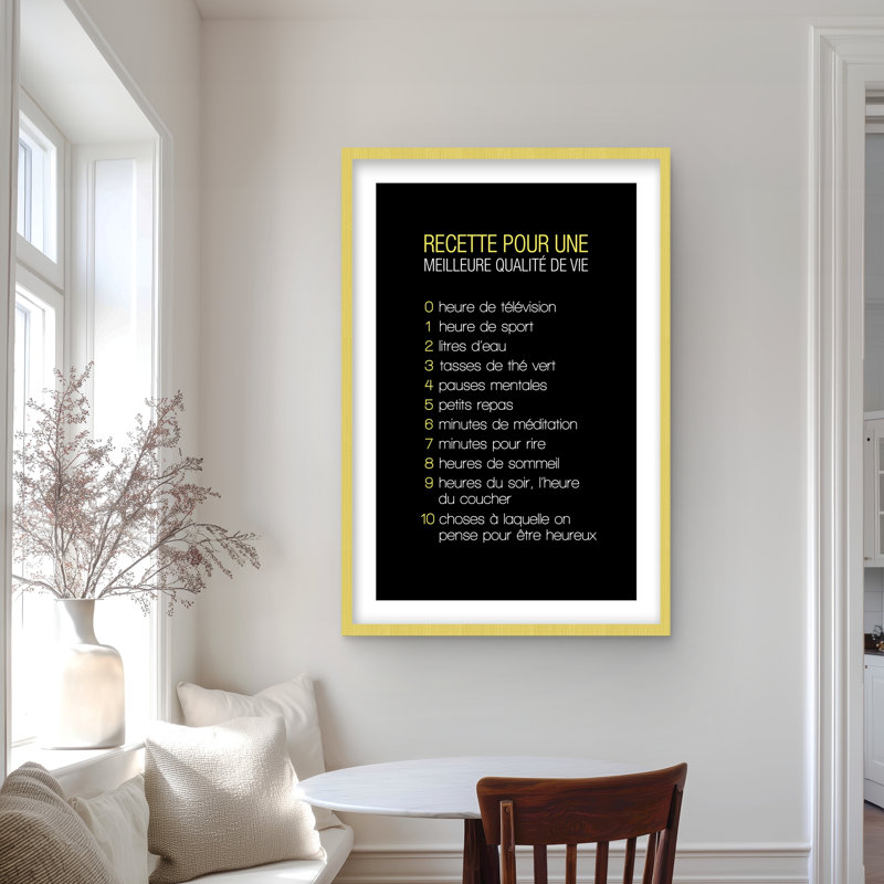 Recette du bonheur - Imprimé typo noir pour la décoration intérieure, H 36 po x l 24 po, Doré