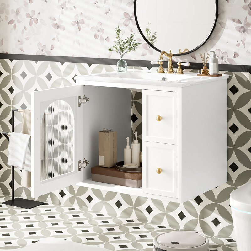 Ensemble de meuble-lavabo mural pour petit espace, armoire de salle de bain avec lavabo en céramique, 2 tiroirs et 1 porte à fermeture en douceur