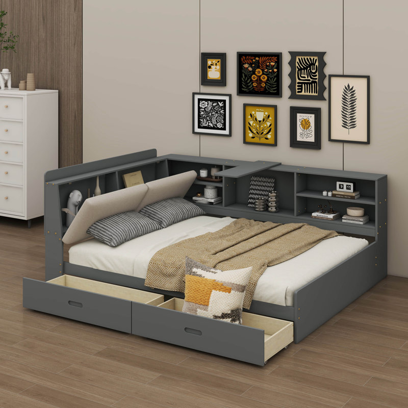 Lit plateforme spacieux en bois double avec tête de lit, étagères et tiroirs, Gris