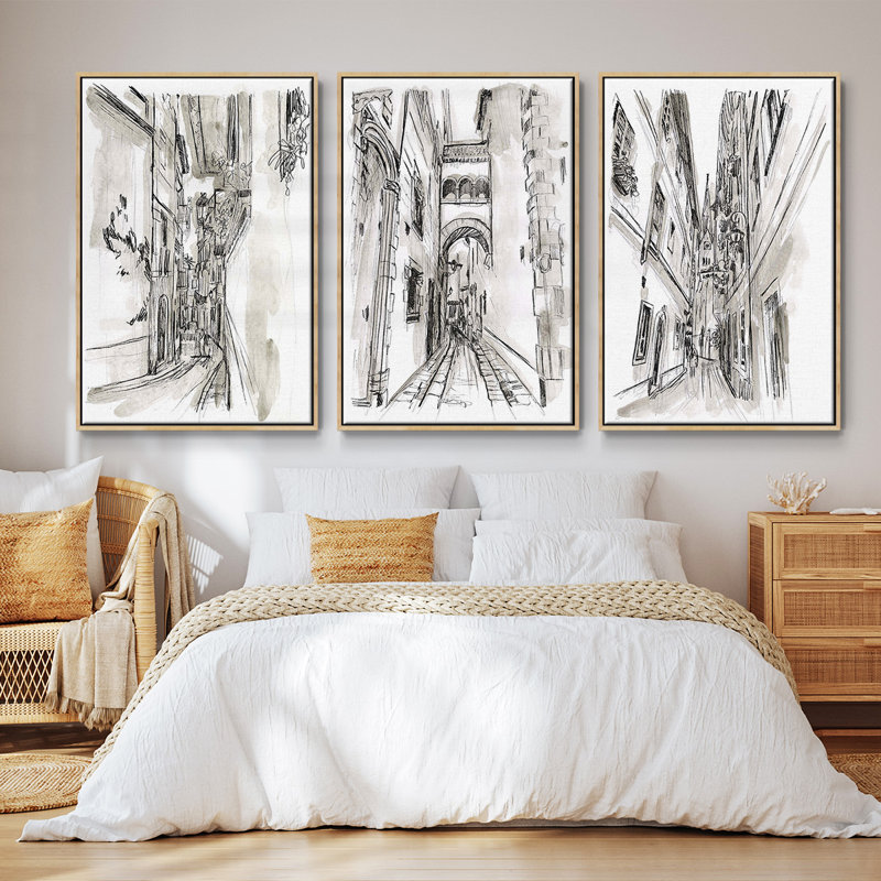 Europe Street Sketches I 3 pièces, Cadre en bois naturel, H 36 po x l 72 po