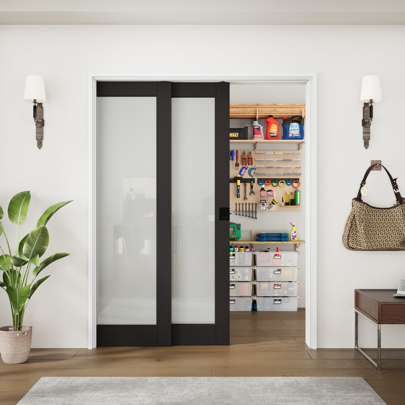 Porte de poche intérieure coulissante double en verre givré noir 1-Lite, 48 po x 80 po