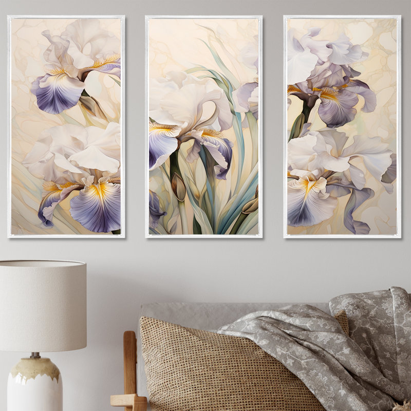 Ensemble de salon Beige Minimalisme Iris Radiant Petals II - Irises, Cadre flottant blanc, H 32 po x l 48 po x P 1 po