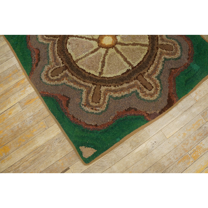 Antique Green Pictorial Sailboat Steering Wheel Helm Pattern Square American Folk Art Hooked Rug