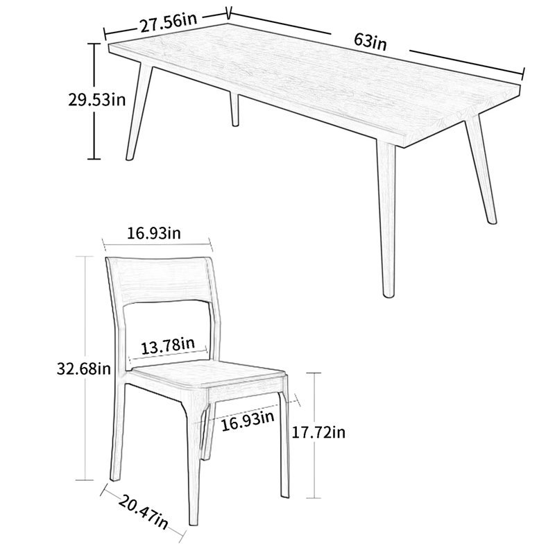 Combinaison table et chaises rectangulaire, H 29,53 po x L 63 po x l 27,56 po