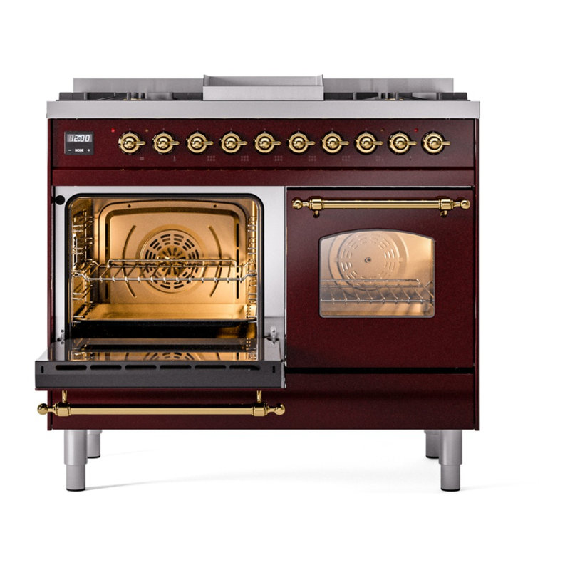 ILVE Nostalgie II 40 in Dual Fuel Range, Burgundy/Brass, Liquid Propane
