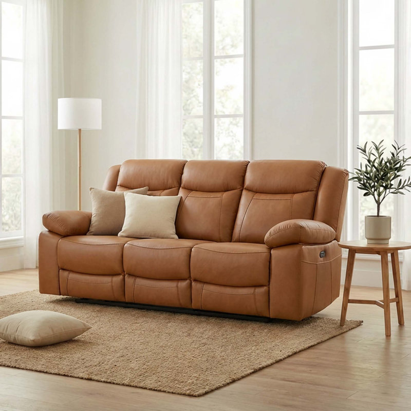 90.55'' Top Grain Genuine Leather Modern Dual-Motor Power Reclining Sofa