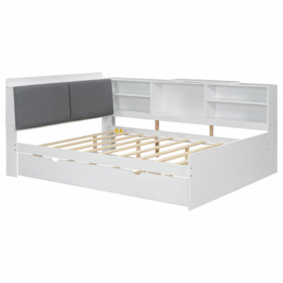 Sturdy Wood Daybed Platform Bed | Storage Headboard, Rotatable Shelf & Trundle for Guest Rooms