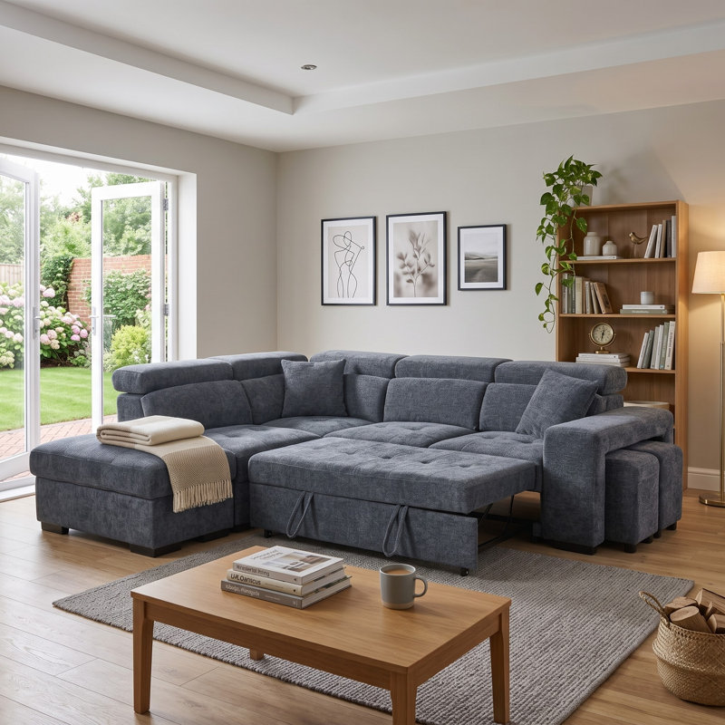 4 Seater Corner Sofa , Left Hand Facing, Blue Chenille