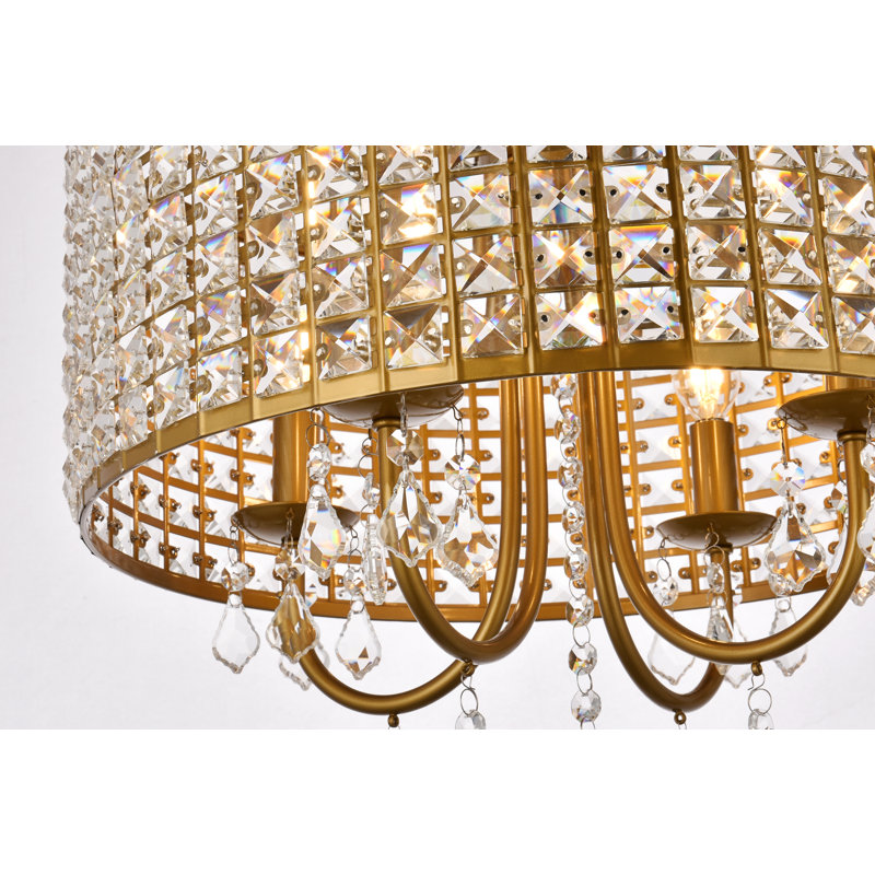 Lustre cylindrique unique à 4 lumières avec accents de cristal Armenio, H 15 po x l 17 po x P 17 po, Laiton / transparent