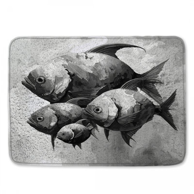 Monochrome Fish Illustration Bath Mat