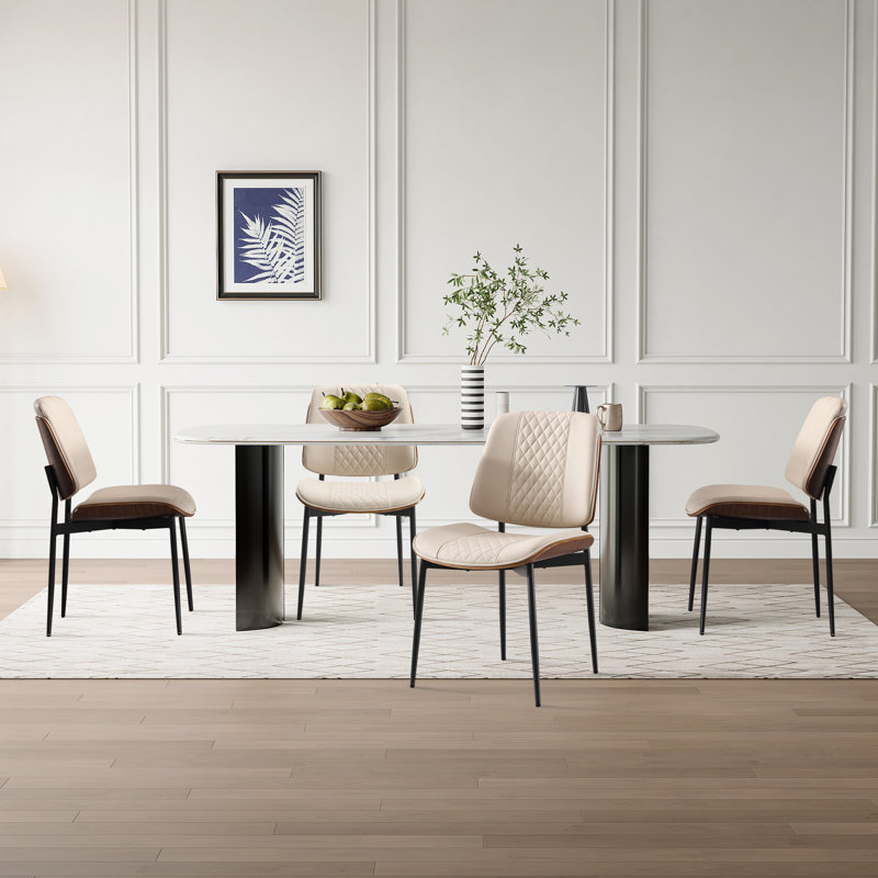 Lingge Designed Fashionable PU Leather Dining Chairs Of 4, Beige