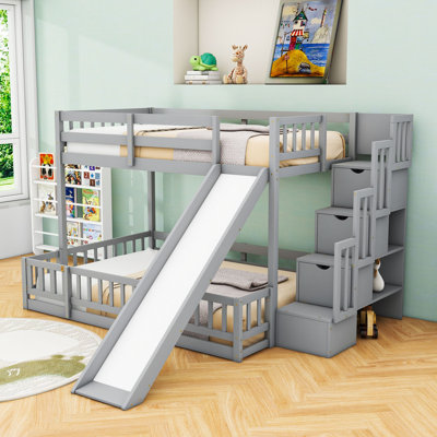 Twin Over Full Wood Bunk Bed With Slide, Storage Stair And Guardrails
