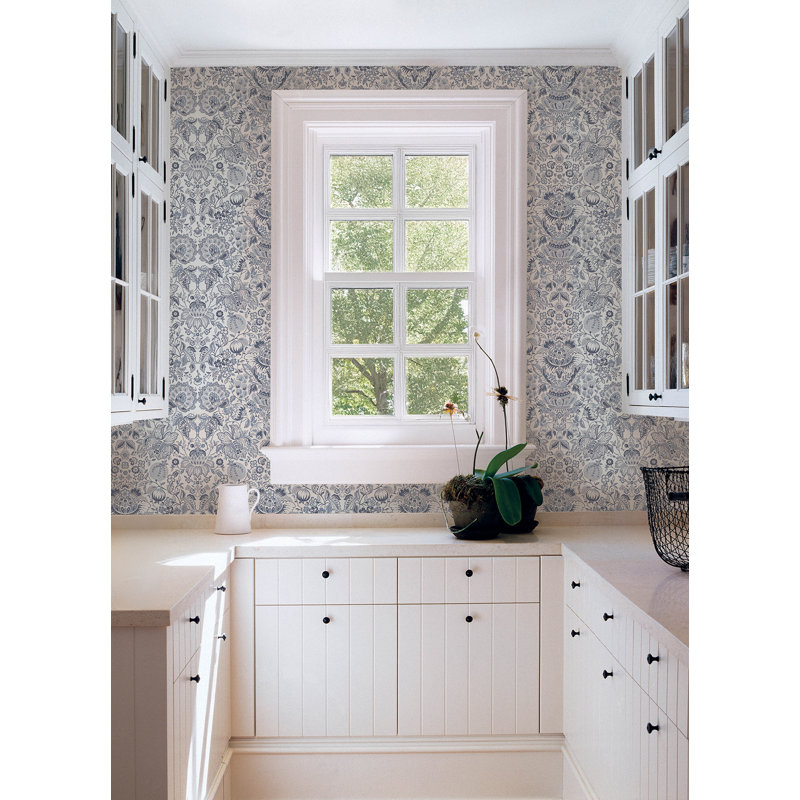 Blanche Dark Green Floral Damask Wallpaper, Blue
