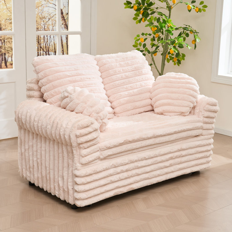 Round Armrest Small Sofa Comfortable Short Plush Sofa Bed With Removable Cushion, Pink