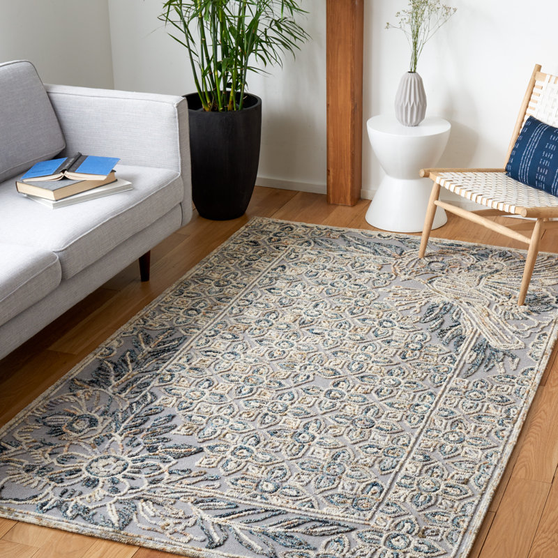 Piketon Floral Hand-Woven wool/Cotton Gray/Beige Area Rug, Rectangle 8' x 10'