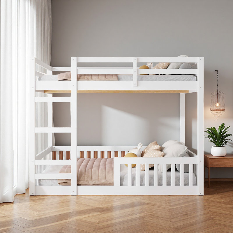 Lit superposé double en bois avec échelle et garde-corps, Blanc