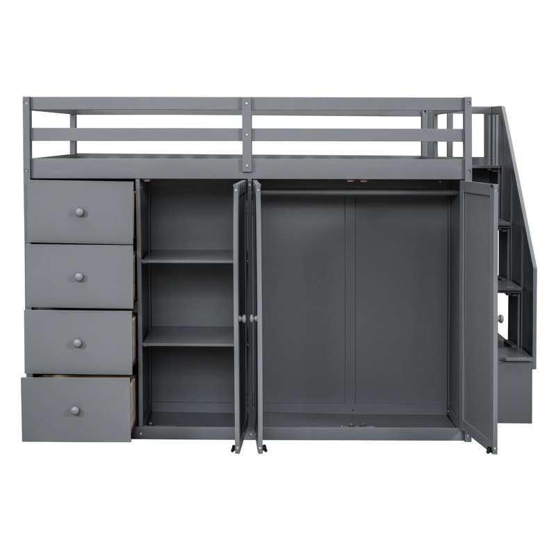 Loft Bed In Gray With Extensive Wardrobe Storage: Cabinets, Drawers, And Built-In Options Plentiful Storage Areas: Wardrobes, Drawers For Bedroom