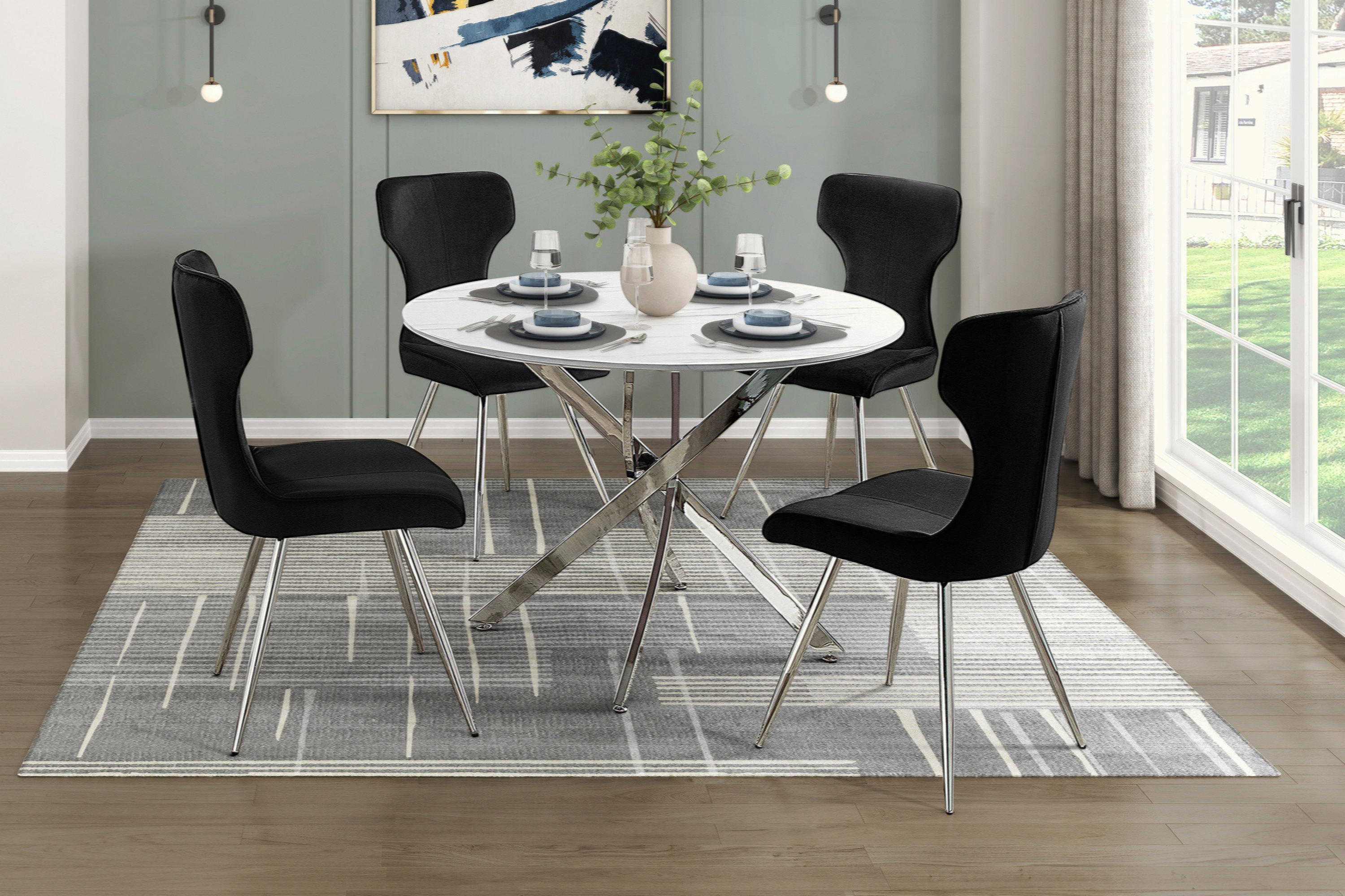 Orren Ellis Ultra Modern Dining Set 5Pc Faux Marble Round Table And 4X ...